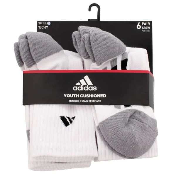 ADIDAS Boys' Grade School Vertical Stripe Crew Socks, White, 6 Pack 6 ADIDAS Boys' Grade School Vertical Stripe Crew Socks, White, 6 Pack - Image 4